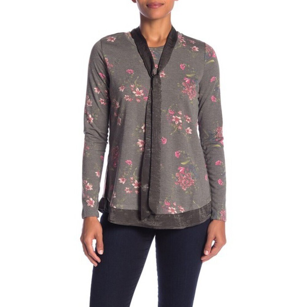 Bobeau women's sweater Satin Bow Detailed Floral in Olive Size S NWT